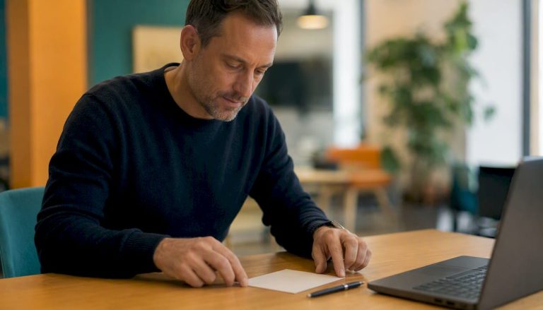 Ktoś szykuje kartę z opinią, siedząc przy ciemnym laptopie.