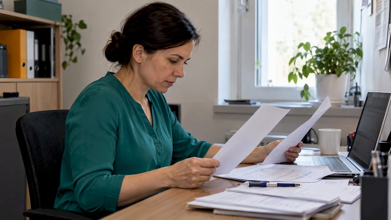 Specjalistka HR kontroluje dokumenty potrzebne do uzyskania dofinansowania na szkolenie